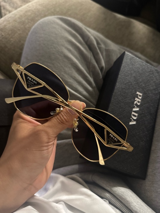 Prada Accessories - Prada Gold Frame Black Lens Women's Sunglasses - Designer Triangle Accent